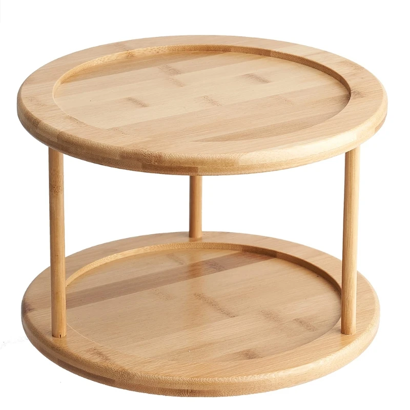 Round Bamboo Turntable Organizer 2 Tier Spice Rack Removable