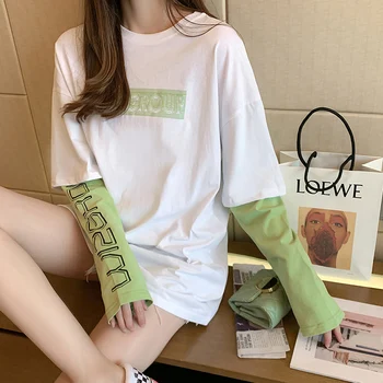 

Pure Cotton Ulzzang Mock Two-Piece Joint Long-sleeved T-shirt Women's Loose-Fit Mid-length Popular Brand Tops 7029