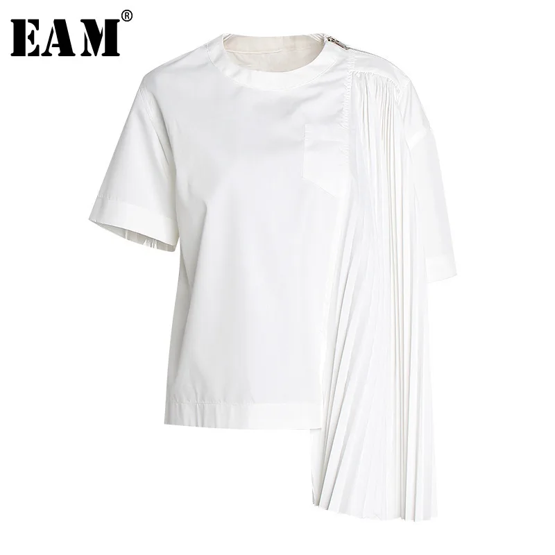 

[EAM]2019 New Spring Summer Round Neck Short Sleeve Pleated Personality Spliced Loose Irregular T-shirt Women Fashion Tide JR838