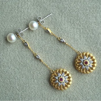 

CMajor 925 Sterling Silver Fine Jewelry Vintage Italian Brushed Matt Two Tone Gold&Silver Handmade Long Pearl Earrings for Women