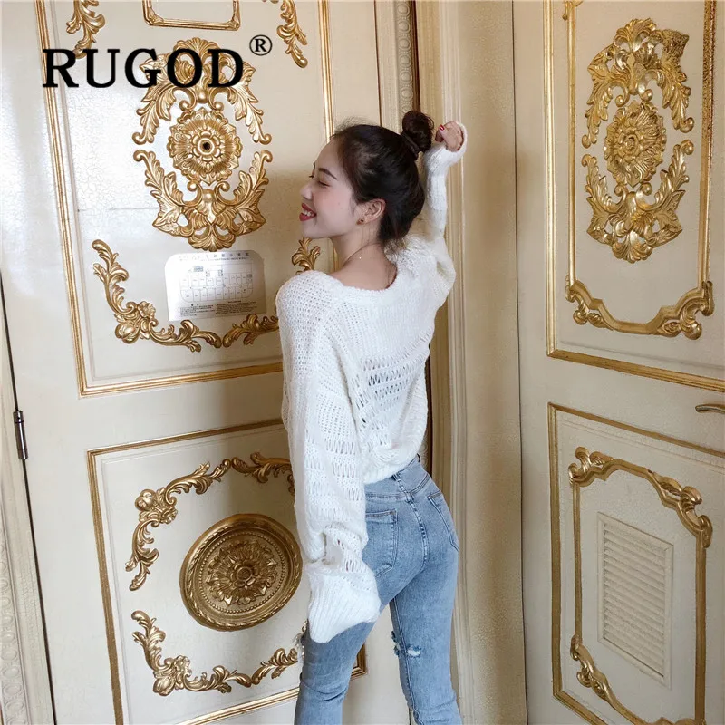 RUGOD, Новинка осени, однотонный вязаный пуловер для женщин, v-образный вырез, свободный, с вырезом, рукав-фонарик, свитер, pull, модный, женский, сексуальный