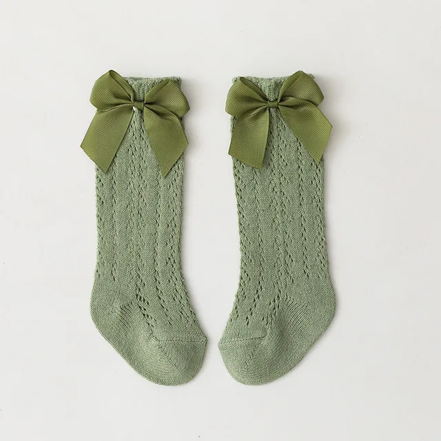 0-7 Years Summer Kids Socks With Bow Baby Girls Long Sock Knee High Cotton Hollow Out Toddlers Socks Mesh Children Princess Sock Green
