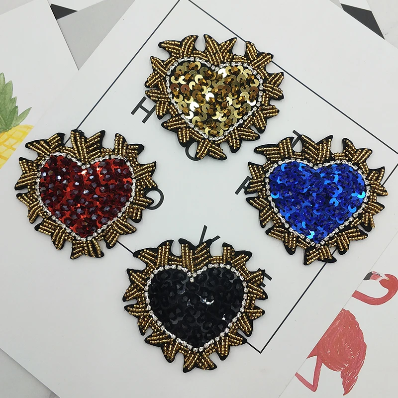 2 Pieces Handmade Beaded Sequin Heart Rhinestones Patch Embroidery