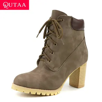 

QUTAA 2020 Platform PU Leather Lace Up Casual Ankle Boots Round Toe Fashion Square High Heel Warm Fur Women Shoes Size 34-43