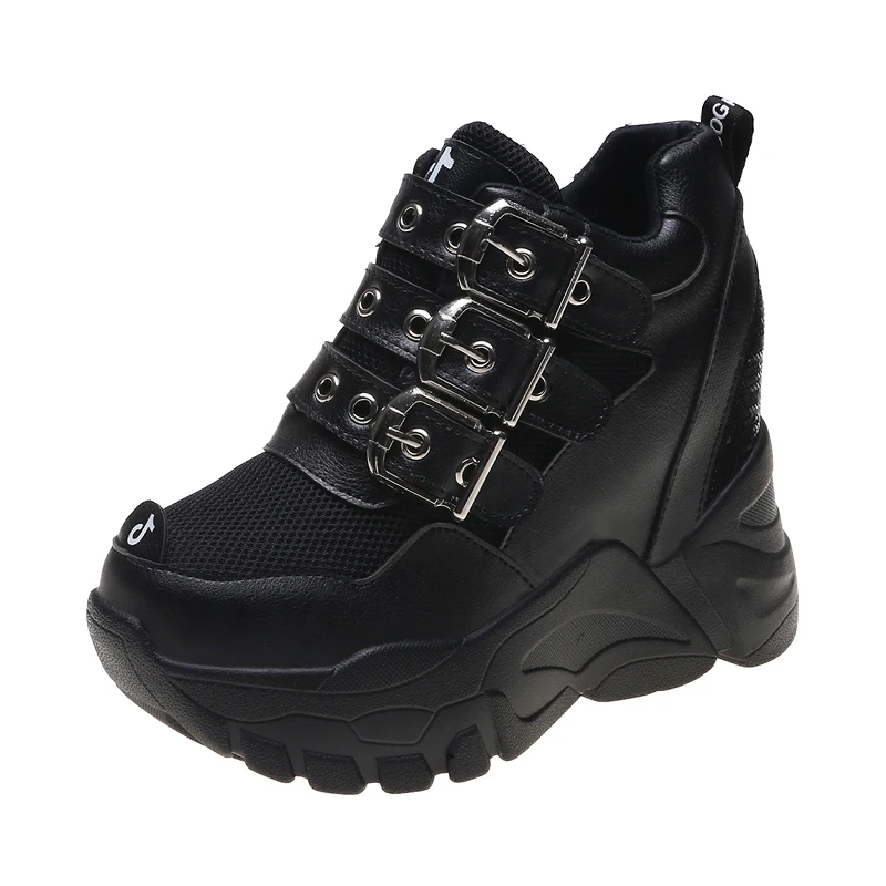Женские кроссовки со скрытым каблуком; блестящая обувь из вулканизированной резины на толстой подошве; женские кроссовки на массивной платформе - Цвет: Черный