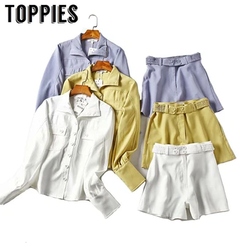 

Leisure White Two Piece Set Women Long Sleeve Lapel Shirts High Waist Shorts Korean Ladies Set