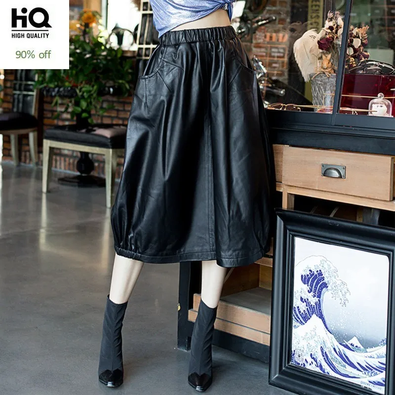 

Gothic Mid-Calf Genuine Sheepskin Skirt Spring Autumn Loose Plus Size 4XL Street Elastic Waist A-Line Real Leather Skirts Black