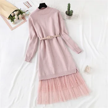 

Fashion Women Knitted Dress Set Autumn Winter Slim Female Sweet Side Split Long Sweater Dress + Beads Mesh Skirt Two Piece Set