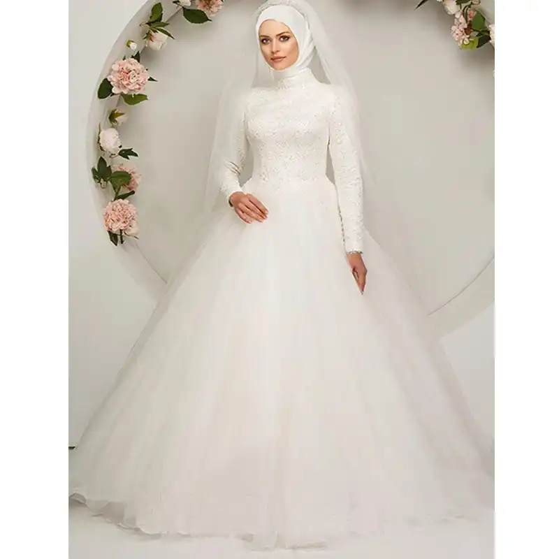 Elbise Wedding Dresses With Hijab 2020 Beads Long Sleeve Muslim Bridal Zipper Back Wedding Turkey East Gowns Vestido De Noiva Aliexpress