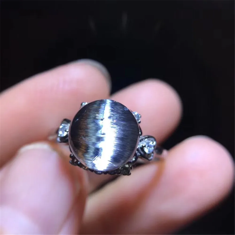 

8.3mm Natural Silver Brookite Rutilated Quartz Ring For Women Men Lucky Stone Clear Crystal Adjustable Ring Jewelry AAAAA