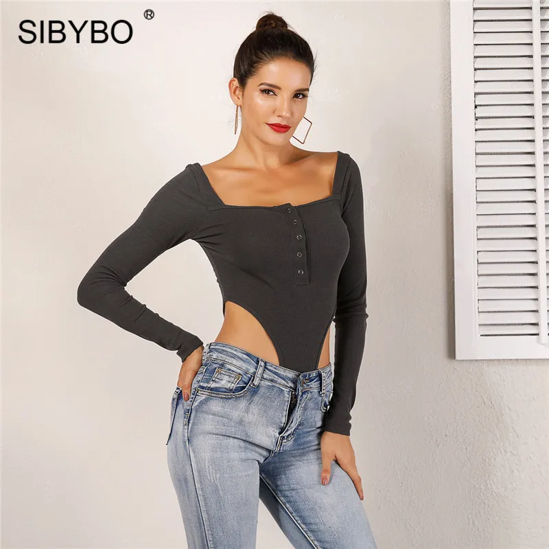 Женский хлопковый комбинезон Sibybo повседневный облегающий боди с длинным рукавом
