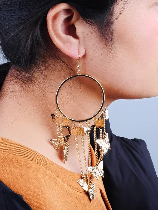 

Exaggeration Big Circle Butterfly Tassel Dangle Earrings for Women Personality Gold Color Metal Butterfly Earrings Punk Jewelry