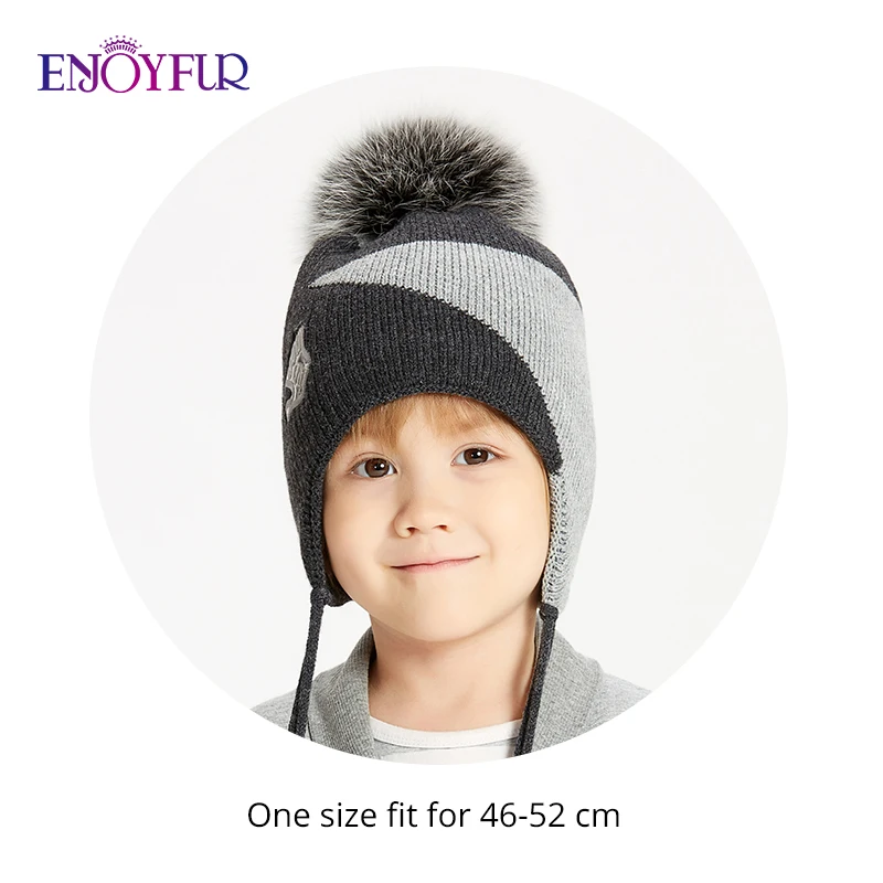 ENJOYFUR Boys Real Fox Fur Pompom Hats For Winter Warm Geometric Cotton Kids Beanies Thick Knitted Ears Boys Cap