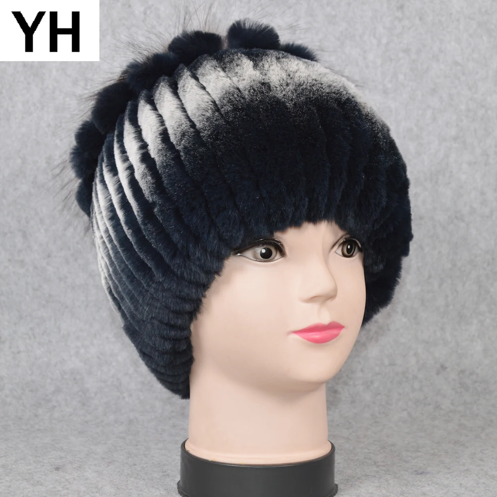 Новые русские Женские Настоящий мех кролика Skullies шапки Роскошные вязаные цветы натуральная шапка из меха кролика рекс зимние натуральный мех шапочки