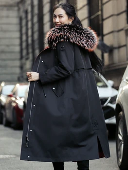 Online 2020 Echt Mantel Weibliche NatĂŒrliche Kaninchen Liner Parka Winter Jacke Frauen WaschbĂ€ren Pelz Kragen Langen Graben MĂ€ntel MY3931
