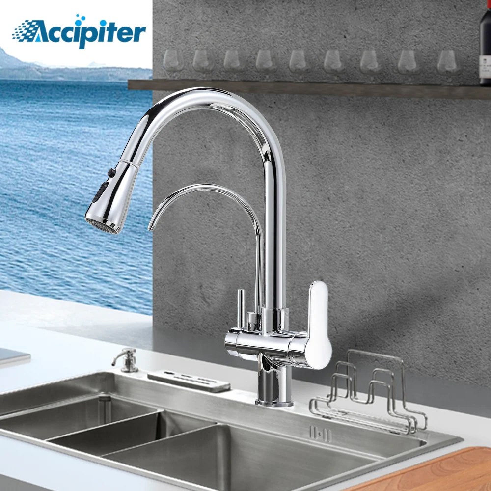 Chrome Filter For Kitchen Faucets Pull-Out 360 Degree Rotating 3 Ways Tap Hot Cold Water Mixer Brass Tap Filter Water Faucet