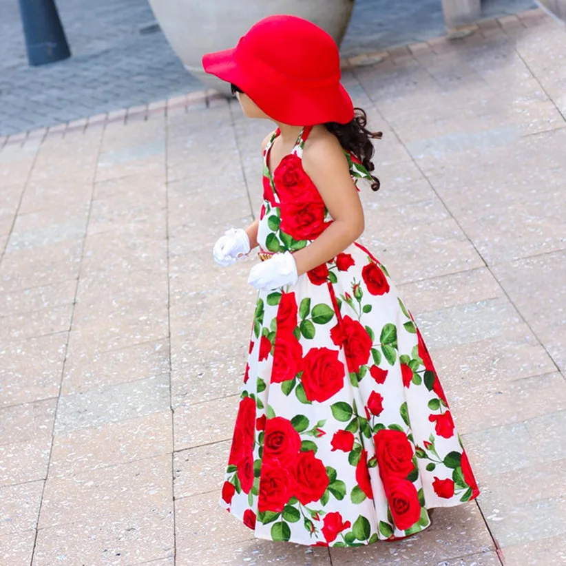 

Summer Beach Holiday Girl Clothing Children Big Flower Elegant Birthday Party Long Dress Red Floral Green Leaves Lady's Dress