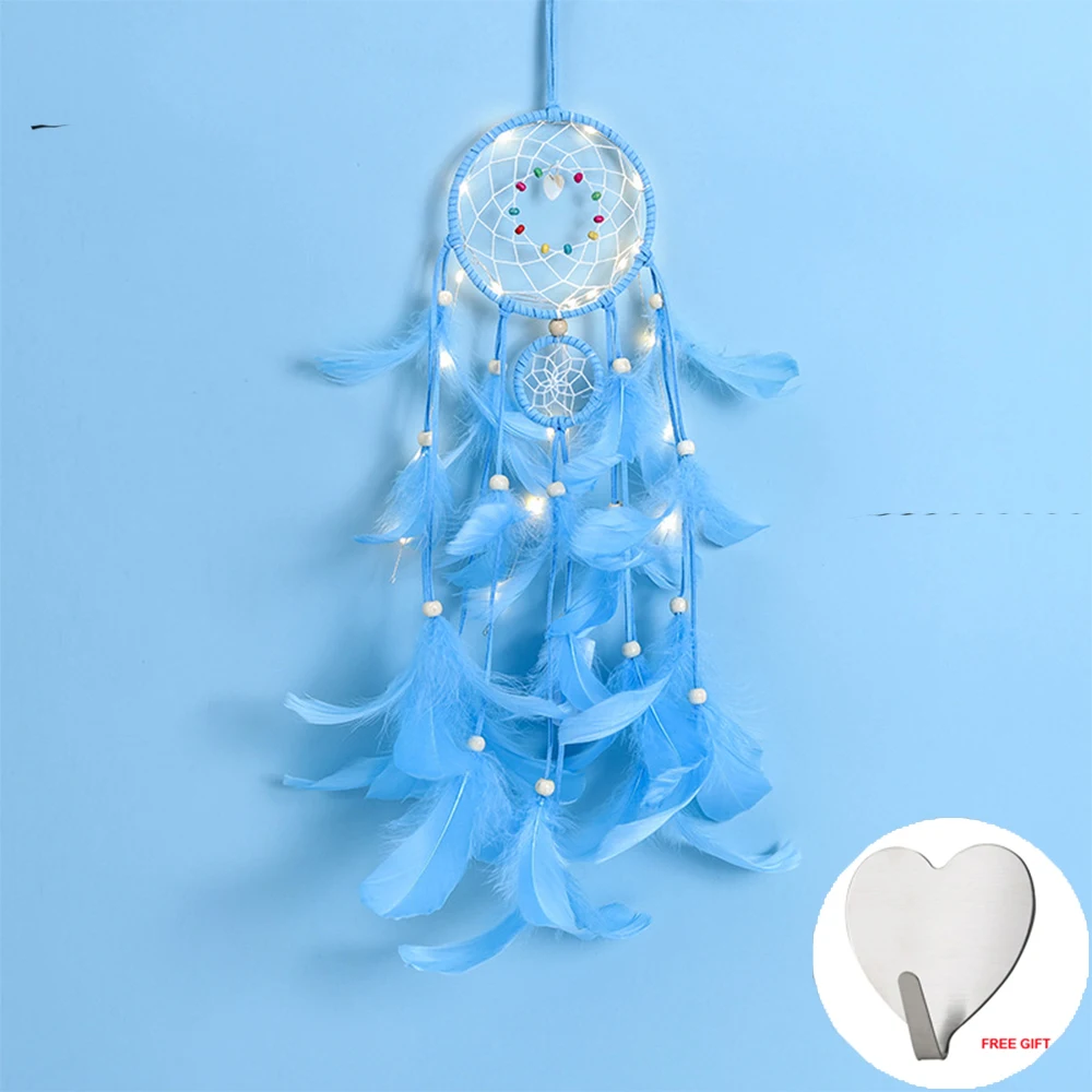 G With light Настенный Ловец снов, светодиодный ручной работы, перо, Ловец снов, плетеный колокольчик, искусство для Ловец снов, подвесной автомобиль, украшение для дома - Цвет: G With light