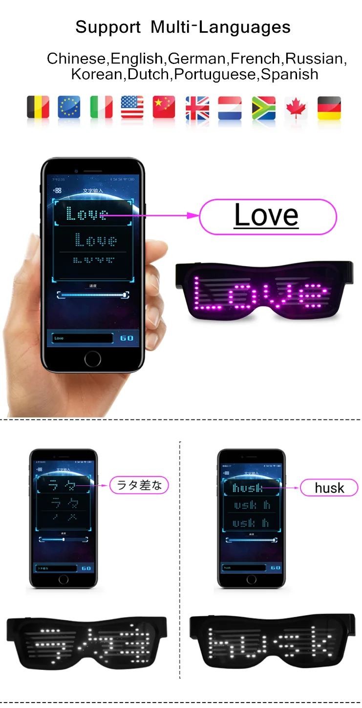 Новое поступление продуктов Bluetooth управление DIY светодиодное мигающие сообщение очки Поддержка ios и android APP