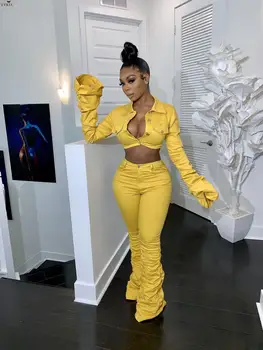 

2 Piece Set Women Tracksuits Solid Pleated Sexy Turn-down Collar Long Sleeve Button Crop Tops And Ruched Long Pants Club Outfits