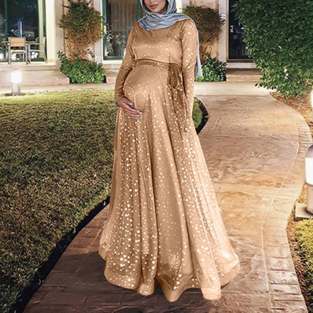 

Women Cocktail Retro Muslim Digital Print Polyester Crew Neck Summer Gown Evening Fashion Long Sleeve Long Maxi Maternity Dress