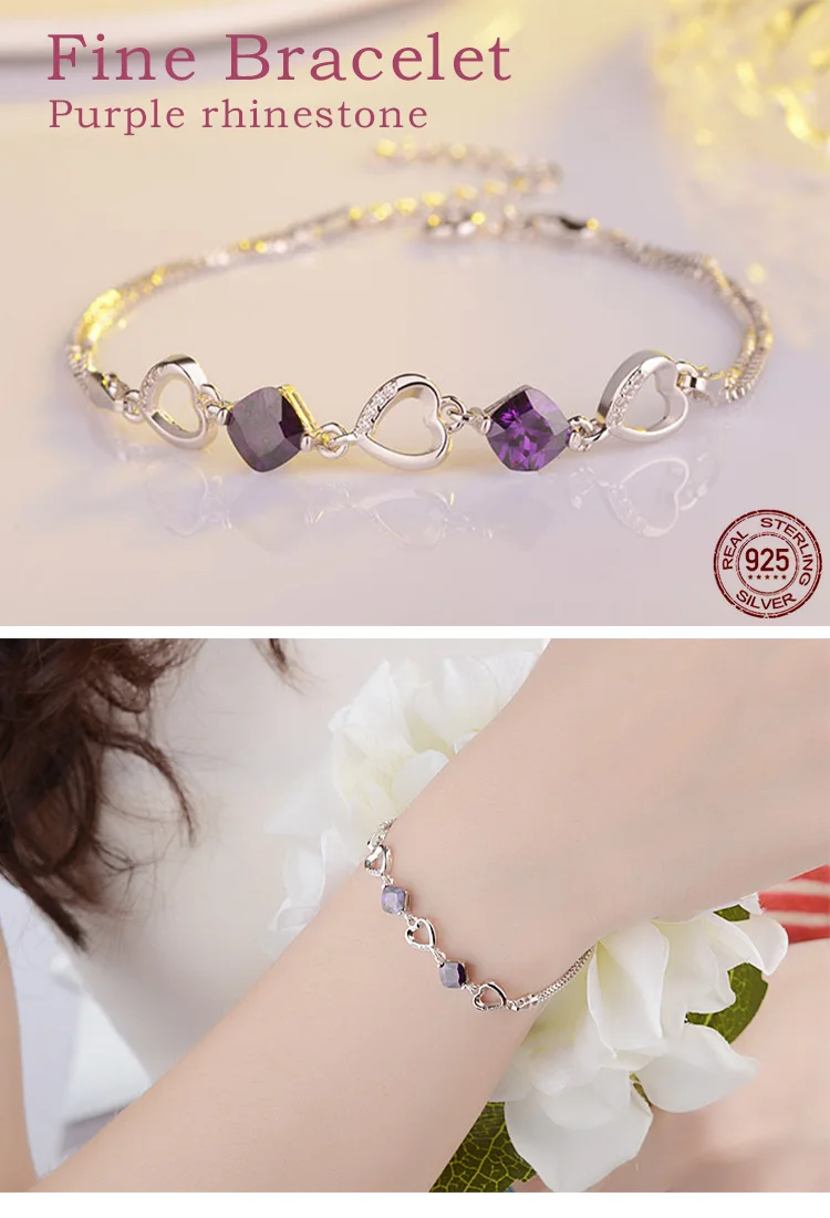 Heart Connected Charm Bracelets Women Fine Real Silver Double Bracelet 925 Sterling Silver Original Jewelry Purple Stone Zircon