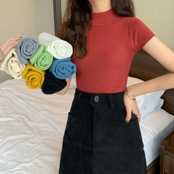

Women Soft T-Shiirts Tops Basic Slim Short Sleeve Bootoming Female 2020 Spring Bodycon Knitted Sweaters Pullovers O neck