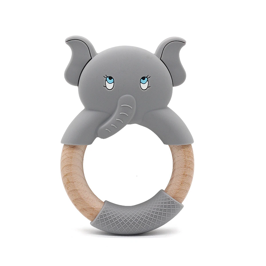 Silicone Sheep Elephant Beech Wooden Teether Wooden Teething Ring Cute Baby Rattles Teething Toy For Baby Nursing Pendant - Color: Gray