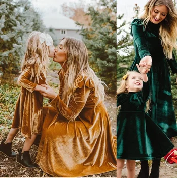 

CYSINCOS Mother Daughter Family Matching Outfits Dress Solid Mommy And Me Fleece Dresses Clothes Mom Baby Girl Ruffles Robe
