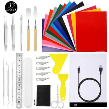 

33 Pieces Craft Vinyl Weeding Tools Set with A4 LED Light Box Heat Transfer Vinyl Bundle Replaceable Blade with Storage Bag