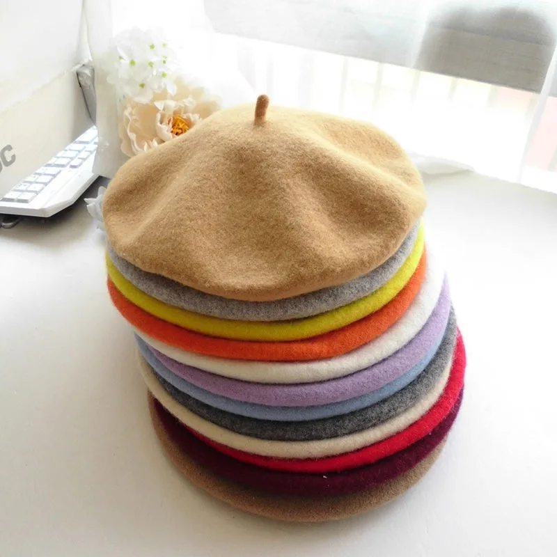 

New Felt Wool Solid Color Beret Caps Female Bonnet Women caps Lady Painter All Matched Warm Artist Hat Wholesale