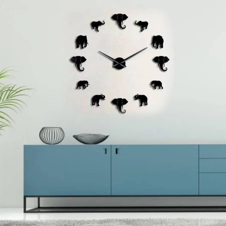 Unique Elephant Animal Shape Wall Clock Kit DIY Acrylic Mirror Hanging Clock Decor for Home