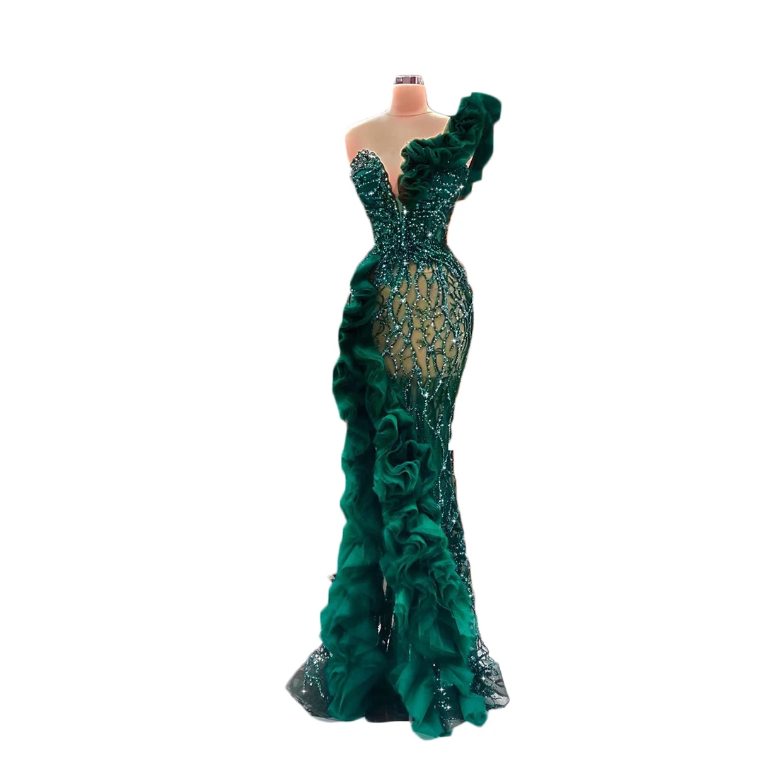 Hot Sale Green Mermaid Trumpet Cocktail Dresses Applique Sequins Prom Dress Stretchy Party Gowns