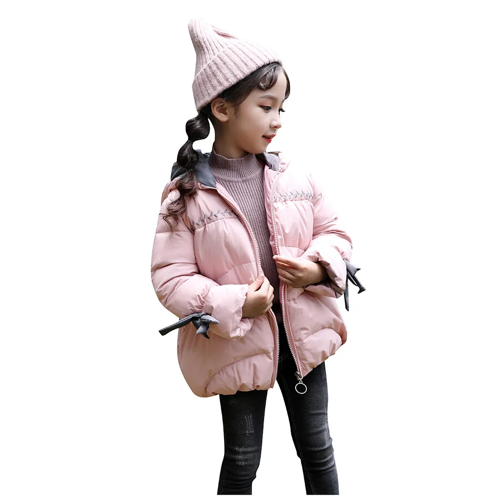 Детское платье с бантом для малышей; зимнее ветрозащитное однотонное пальто; теплая верхняя одежда с капюшоном; куртка