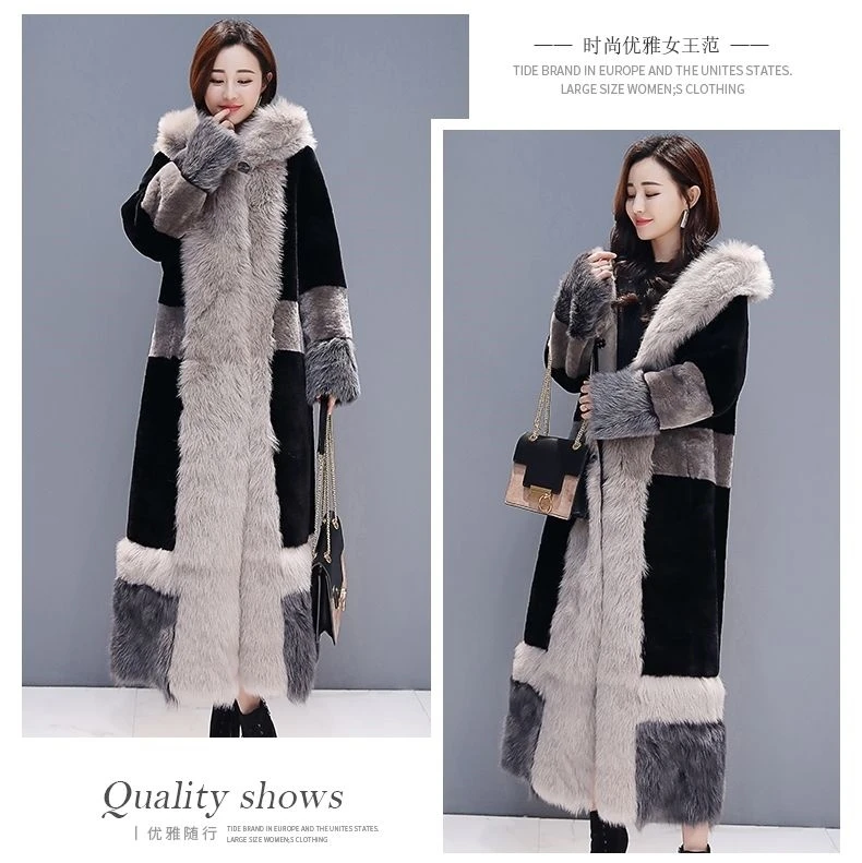 Высокое качество, Длинные теплые зимние женские пальто из овчины, чистый цвет, Воротник из лисы, искусственный мех, большие размеры, кашемировое пальто M191007