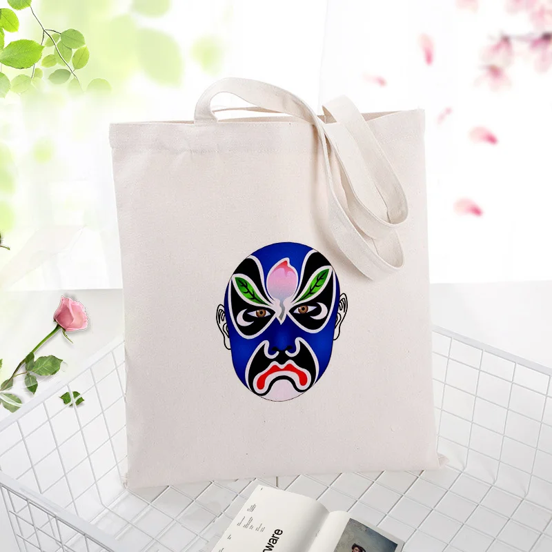 Холщовая Сумка-тоут с изображением пекинской оперы, сумка-шоппер, сумка для ежедневного использования, текст DIY, пользовательский принт, логотип Eco, многоразовая утилизация