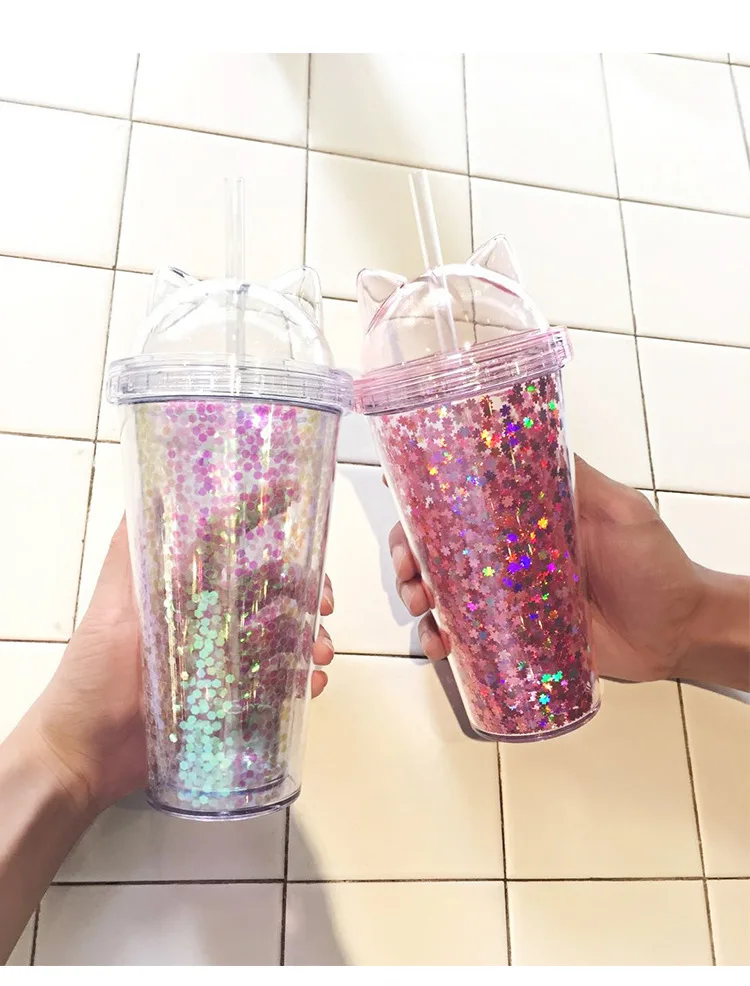 Double Layer Pipette Cup With Flash In The Shape Of Cat's Ear Candy Colors Tea Juice Coffee With Lid Straw Water Bottle Cups