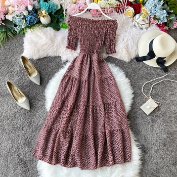 

ZXWXM Elegant Bohemian Dress Women Print Sexy Off Shoulder Vestidos High Waist A-line 2020 Summer Dresses Short Sleeve Princess