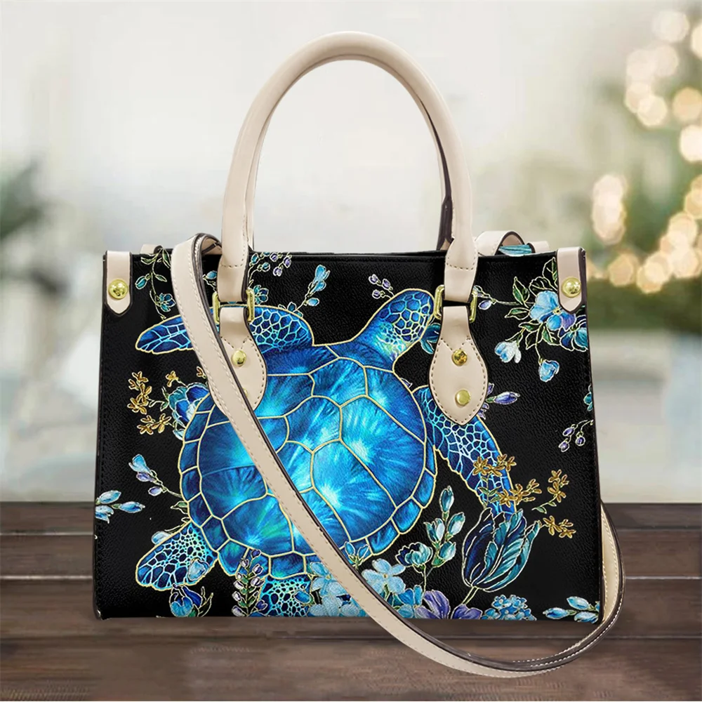 

Women Bag Vintage Casual Tote Top-Handle Blue Hawaiian Sea Turtle Messenger Bags Shoulder Handbag Purse Wallet Leather 2021 New