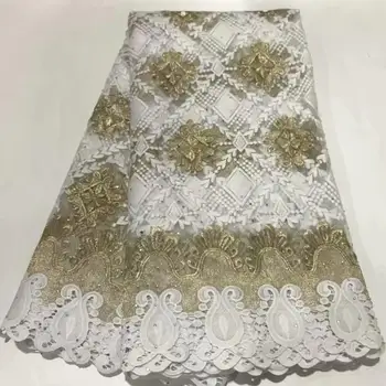 

CS-White with gold High Quality French Nigerian Lace Fabrics Tulle African Laces Fabric Wedding African French Tulle Lace 5 Yard