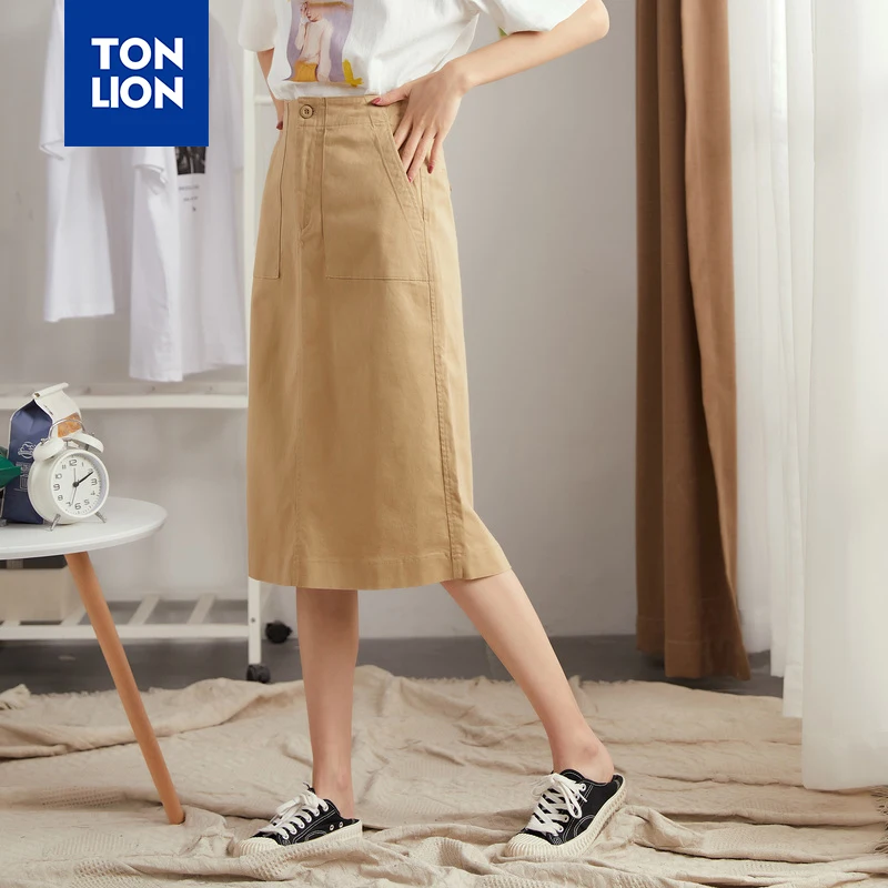 

TONLION Solid Skirts Mid Calf Womens Khaki Black Armygreen Solid Skirts Mid Calf Cotton OL Skirts Summer Spring 2020 New Brand