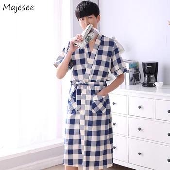 

Robes Man Summer Plaid Short Sleeve Plus Size 4XL Loose Homewear Bathrobes Mens Daily Leisure Korean Style Breathable Ulzzang