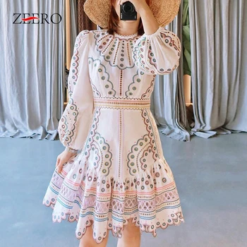 

2020 Autumn Sweet Lantern Sleeve Slim Hollow Out Sexy Women Dress Korea Female High-quality Embroidery Mini Party Dress Vestidos