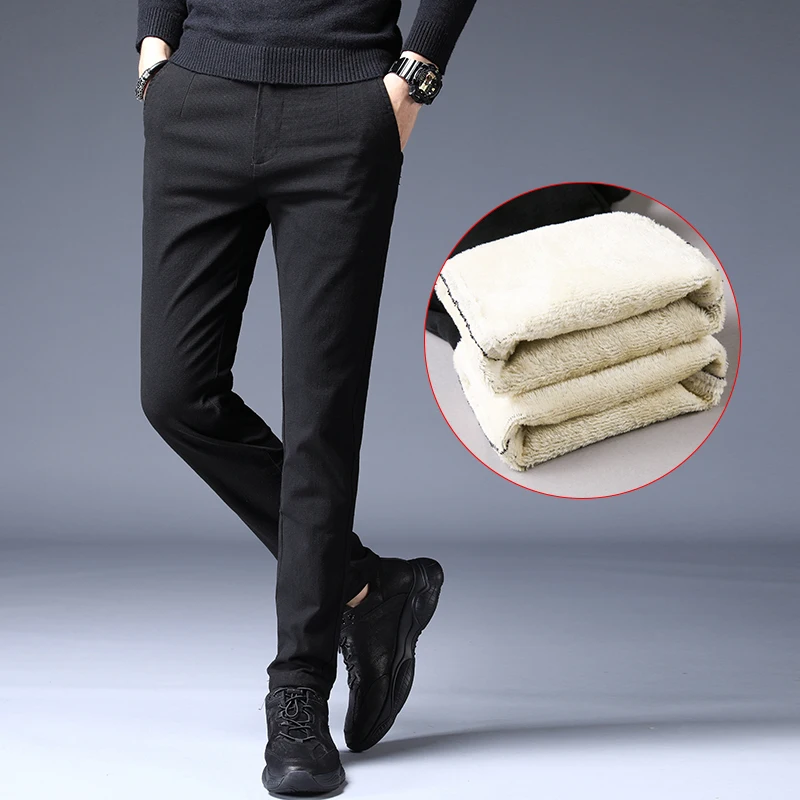 Новые толстые плюс бархатные мужские повседневные штаны толстые черные серые коричневые мужские облегающие флисовые теплые прямые джинсовые брюки для официального костюма