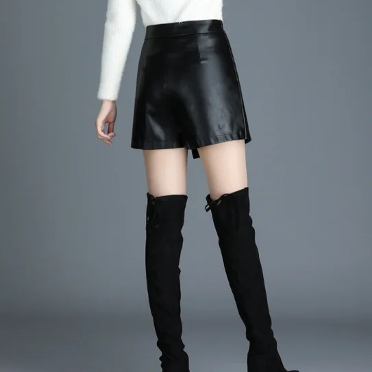 2020 Winter Fall Women Black Pu Leather 3xl 4xl Skirt Shorts Spring Autumn Female Womans Lace Up DG19 | Женская одежда