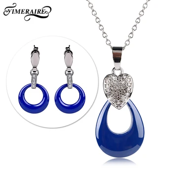 

Elegant Blue Ceramic Jewelry Set Hollow Round Drop Earring With Water Drop Pendant Necklace For Women Fashion Jewelry Party Gift