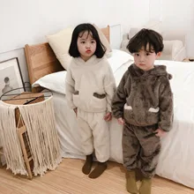 Зимние комплекты одежды из плюша с милым медведем для мальчиков и девочек Детские теплые мягкие толстовки с капюшоном и штаны комплекты из 2 предметов детская одежда для отдыха