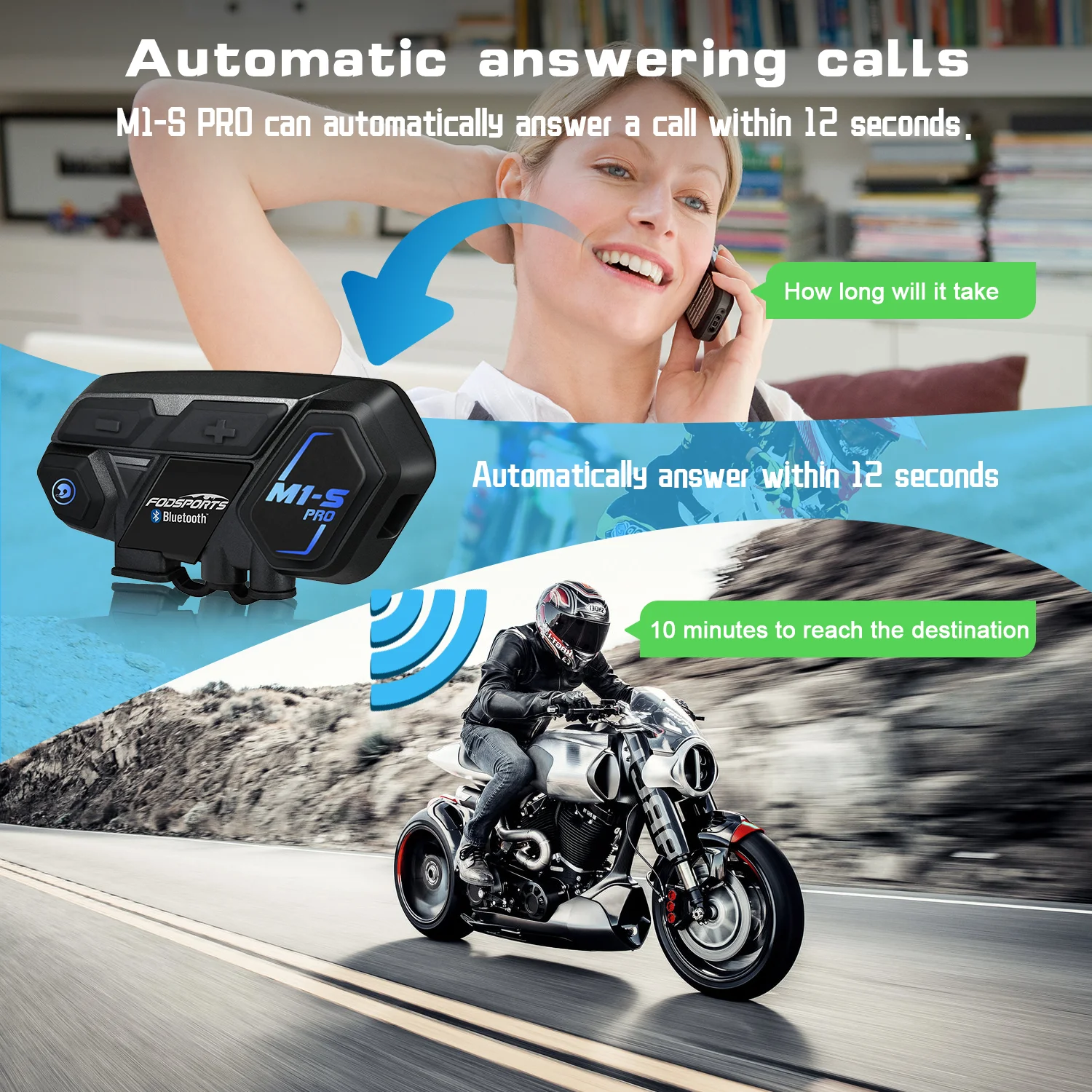 Fodsports M1S Pro--Bluetooth5.0 Casco Auriculares Intercomunicador de  motocicleta para 8 conductores 2000m Interfono