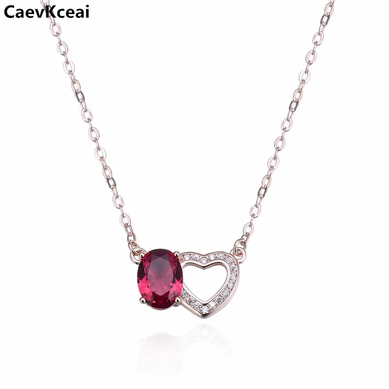 CaevKceai 925 пробы Серебряное ожерелье Сердце Красный Кристалл винтажные серебряные ювелирные украшения ожерелье вечерние подарки розовое золото