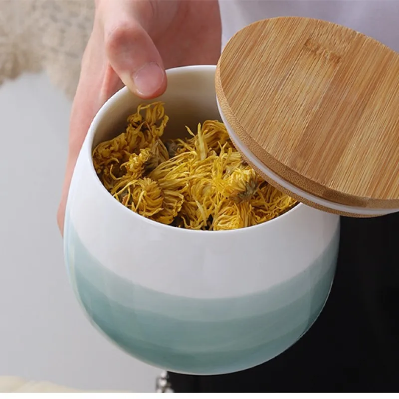 

Nordic ceramic tripe jar Bamboo Covered kitchen coarse cereals dry goods moisture jar Coffee Bean Tea Seasoning Storage